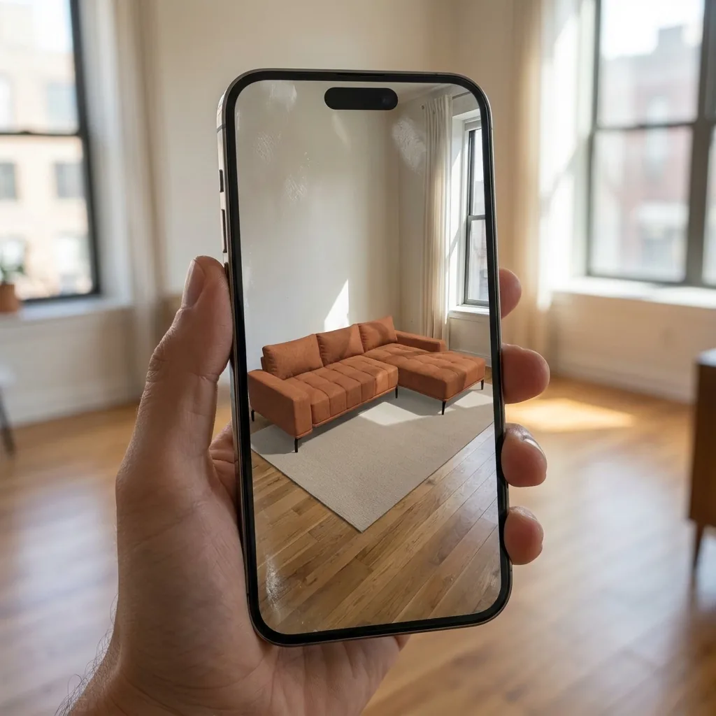Illustration: a phone shows the Doha corner sofa placed in an empty room