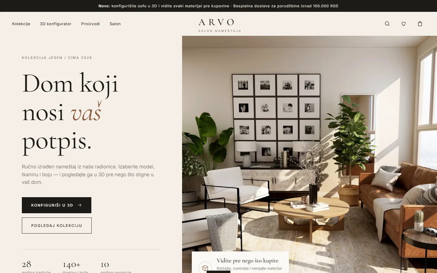 ARVO demo store with the embedded Furni360 configurator