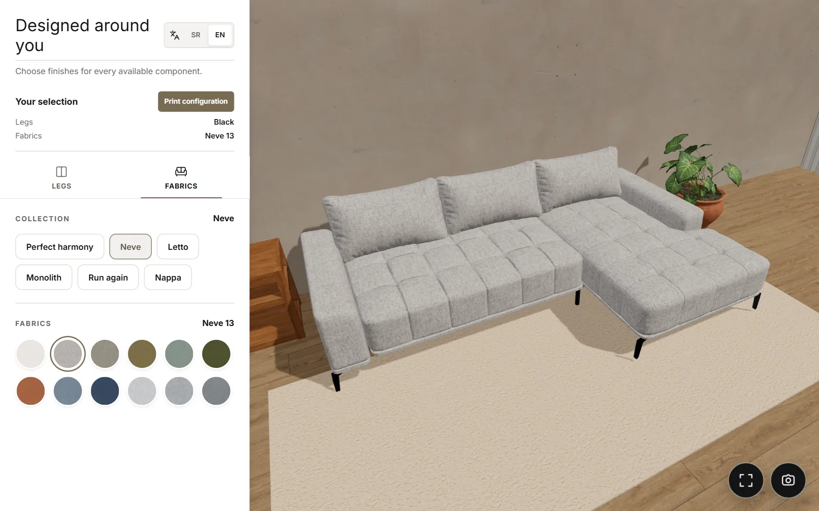 Furni360 configurator on a product page: fabric and leg choices next to the 3D model of the Doha corner sofa